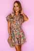 Pink Floral Print Puff Sleeve Shirred High Waist Mini Dress